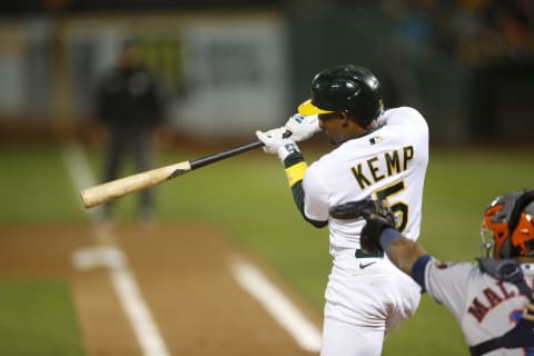 OAKLAND, CA – SEPTMEBER 24: Tony Kemp #5 of the Oakland Athletics bats during the game against the Houston Astros at RingCentral Coliseum on September 24, 2021 in Oakland, California. The Athletics defeated the Astros 14-2. (Photo by Michael Zagaris/Oakland Athletics/Getty Images)