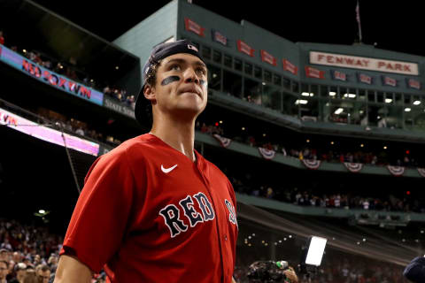 BOSTON, MASSACHUSETTS – OCTOBER 05: Bobby Dalbec #29 of the Boston Red Sox reacts after beating the New York Yankees 6-2 in the American League Wild Card game at Fenway Park on October 05, 2021 in Boston, Massachusetts. (Photo by Maddie Meyer/Getty Images)