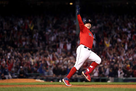 BOSTON, MASSACHUSETTS – OCTOBER 10: Christian Vazquez #7 of the Boston Red Sox celebrates his game winning two-run homerun in the 13th inning against the Tampa Bay Rays during Game 3 of the American League Division Series at Fenway Park on October 10, 2021 in Boston, Massachusetts.