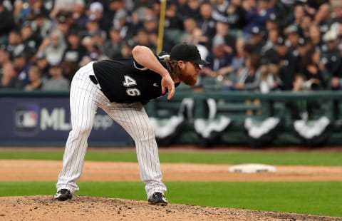 CHICAGO, ILLINOIS – OCTOBER 12: Craig Kimbrel #46 of the Chicago White Sox pitches during the 8th inning of Game 4 of the American League Division Series against the Houston Astros at Guaranteed Rate Field on October 12, 2021 in Chicago, Illinois. (Photo by Stacy Revere/Getty Images)