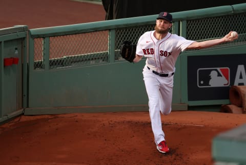 BOSTON, MASSACHUSETTS – OCTOBER 20: Chris Sale #41 of the Boston Red Sox warms up prior to Game Five of the American League Championship Series against the Houston Astros at Fenway Park on October 20, 2021 in Boston, Massachusetts. (Photo by Maddie Meyer/Getty Images)