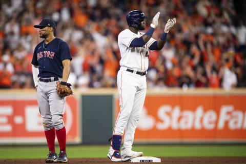 HOUSTON, TX – OCTOBER 22: Yordan Alvarez #44 of the Houston Astros reacts during the third inning of game six of the 2021 American League Championship Series against the Boston Red Sox at Minute Maid Park on October 22, 2021 in Houston, Texas. (Photo by Billie Weiss/Boston Red Sox/Getty Images)