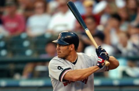 SEATTLE – AUGUST 13: Center fielder Johnny Damon #18 of the Boston Red Sox waits for the pitch during the MLB game against the Seattle Mariners on August 13, 2002 at Safeco Field in Seattle, Washington. The Mariners won 10-3. (Photo by Otto Greule Jr./Getty Images)