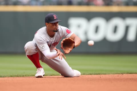 SEATTLE – SEPTEMBER 15: Xander Bogaerts #2 of the Boston Red Sox plays shortstop during the game against the Seattle Mariners at T-Mobile Park on September 15, 2021 in Seattle, Washington. The Red Sox defeated the Mariners 9-4. (Photo by Rob Leiter/MLB Photos via Getty Images)