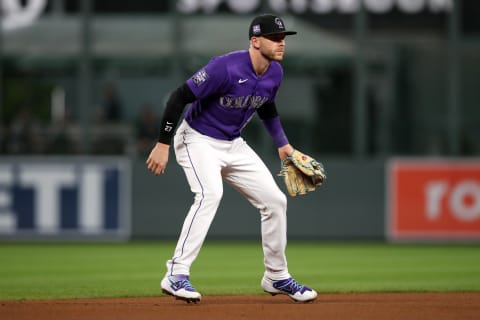 DENVER, CO – SEPTEMBER 28: Trevor Story #27 of the Colorado Rockies in action during the game against the Washington Nationals at Coors Field on September 28, 2021 in Denver, Colorado. The Rockies defeated the Nationals 3-1. (Photo by Rob Leiter/MLB Photos via Getty Images)