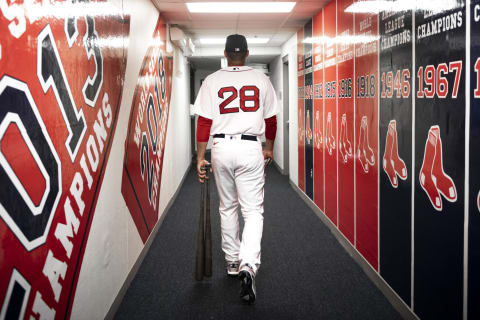 FT. MYERS, FL – MARCH 23: J.D. Martinez #28 of the Boston Red Sox walks through the tunnel before a Grapefruit League game against the Minnesota Twins on March 23, 2022 at jetBlue Park at Fenway South in Fort Myers, Florida. (Photo by Billie Weiss/Boston Red Sox/Getty Images)