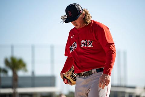 FORT MYERS, FLORIDA – MARCH 13: Jay Groome #77 of the Boston Red Sox throws during a spring training team workouts at JetBlue Park at Fenway South on March 13, 2022 in Fort Myers, Florida. (Photo by Maddie Malhotra/Boston Red Sox/Getty Images)