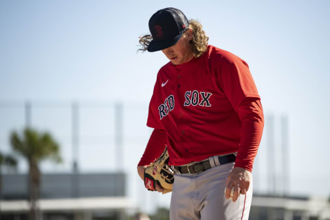 FORT MYERS, FLORIDA – MARCH 13: Jay Groome #77 of the Boston Red Sox throws during a spring training team workouts at JetBlue Park at Fenway South on March 13, 2022 in Fort Myers, Florida. (Photo by Maddie Malhotra/Boston Red Sox/Getty Images)