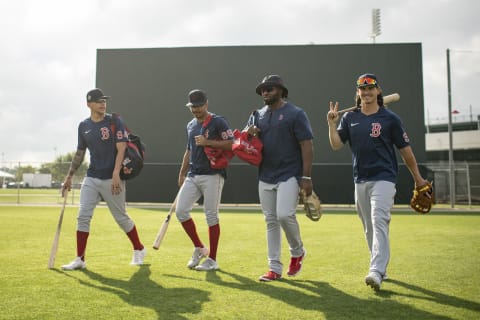 FORT MYERS, FLORIDA – MARCH 20: Christian Koss, David Hamilton, Christin Stewart, and Ryan Fitzgerald of the Boston Red Sox walks across the field during spring training team workouts at JetBlue Park at Fenway South on March 20, 2022 in Fort Myers, Florida. (Photo by Maddie Malhotra/Boston Red Sox/Getty Images)