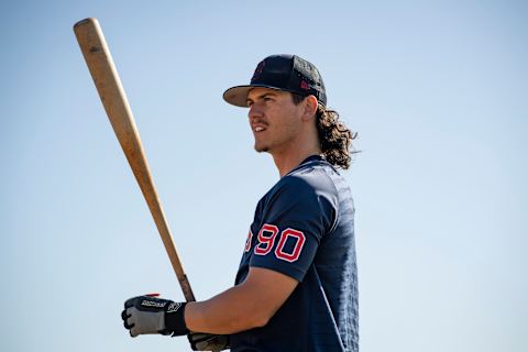 FORT MYERS, FLORIDA – MARCH 27: Ryan Fitzgerald of the Boston Red Sox looks on as he takes batting practice during spring training team workouts at JetBlue Park at Fenway South on March 27, 2022 in Fort Myers, Florida. (Photo by Maddie Malhotra/Boston Red Sox/Getty Images)