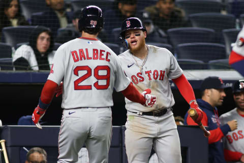 NEW YORK, NEW YORK – APRIL 10: Bobby Dalbec #29 of the Boston Red Sox celebrates his home run with Alex Verdugo #99 in the sixth inning against the New York Yankees at Yankee Stadium on April 10, 2022 in New York City. (Photo by Mike Stobe/Getty Images)