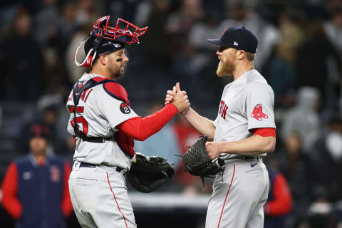 NEW YORK, NEW YORK – APRIL 10: Pitcher Jake Diekman #31 and Kevin Plawecki #25 of the Boston Red Sox celebrate a 4-3 win over the New York Yankees at Yankee Stadium on April 10, 2022 in New York City. (Photo by Mike Stobe/Getty Images)