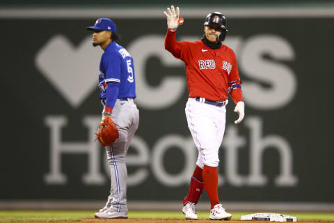 BOSTON, MA – APRIL 19: Enrique Hernandez #5 of the Boston Red Sox reacts after hitting a double in the third inning of a game against the Toronto Blue Jays at Fenway Park on April 19, 2022, in Boston, Massachusetts. (Photo by Adam Glanzman/Getty Images)