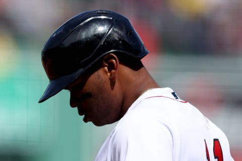 BOSTON, MASSACHUSETTS – APRIL 21: Rafael Devers #11 of the Boston Red Sox looks on during the first inning against the Toronto Blue Jays at Fenway Park on April 21, 2022 in Boston, Massachusetts. (Photo by Maddie Meyer/Getty Images)