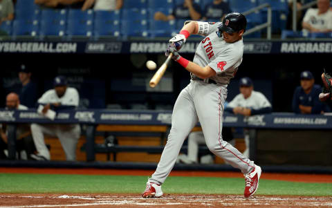 ST PETERSBURG, FLORIDA – SEPTEMBER 06: Triston Casas #36 of the Boston Red Sox hits a two run home run in the second inning during a game against the Tampa Bay Rays at Tropicana Field on September 06, 2022 in St Petersburg, Florida. (Photo by Mike Ehrmann/Getty Images)