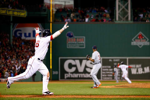 BOSTON, MA – OCTOBER 19: Shane Victorino #18 of the Boston Red Sox celebrates after hitting a grand slam home run against Jose Veras #31 of the Detroit Tigers in the seventh inning during Game Six of the American League Championship Series at Fenway Park on October 19, 2013 in Boston, Massachusetts. (Photo by Jared Wickerham/Getty Images)