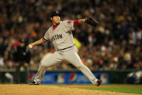 DETROIT, MI – OCTOBER 17: Junichi Tazawa #36 of the Boston Red Sox pitches against the Detroit Tigers during Game Five of the American League Championship Series at Comerica Park on October 17, 2013 in Detroit, Michigan. (Photo by Jamie Squire/Getty Images)