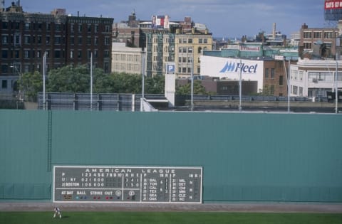 28 Sep 1996: General view of the outfield wall at Fenway Park during a game between the New York Yankees and the Boston Red Sox in Boston, Massachusetts. The Yankees defeated the Red Sox 4-2.