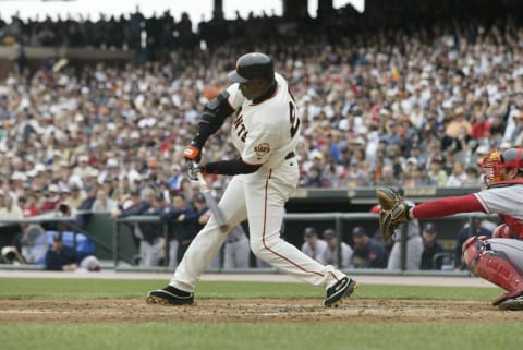 SAN FRANCISCO – JUNE 19: Barry Bonds #25 of the San Francisco Giants bats during the MLB game against the Boston Red Sox at SBC Park on June 19, 2004 in San Francisco, California. The Giants defeated the Red Sox 6-4. (Photo by Don Smith/MLB Photos via Getty Images)