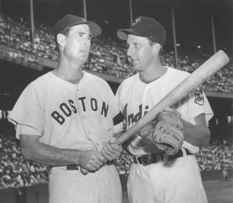 CLEVELAND – 1955: Ted Williams of the Boston Red Sox and Ralph Kiner of the Cleveland Indians pose together prior to a 1955 season game at Municipal Stadium in Cleveland, Ohio. (Photo by Ron Kuntz Collection/Diamond Images/Getty Images)