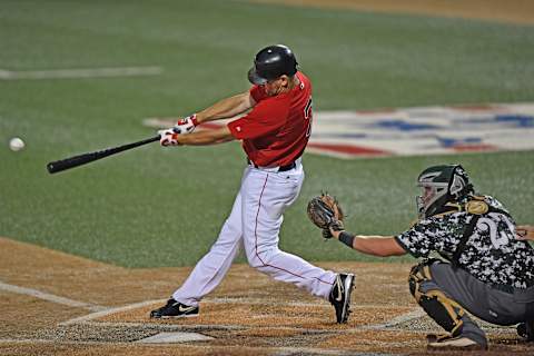 WICHITA, KS – AUGUST 06: Center fielder J.D. Drew #7 of the Kansas Stars singles against the Colorado Xpress in the first inning during the NBC World Series on August 6, 2016 at Lawrence-Dumont Stadium in Wichita, Kansas. (Photo by Peter Aiken/Getty Images)