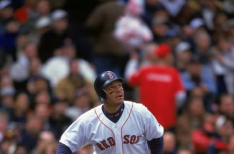 11 Apr 2000: Brian Daubach #23 of the Boston Red Sox watches the ball after hitting it during the game against the Minnesota Twins at Fenway Park in Boston, Massachusetts. The Red Sox defeated the Twins 13-4. Mandatory Credit: Ezra O. Shaw /Allsport