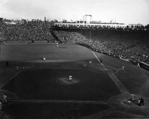 BOSTON – OCTOBER 16, 1943. The Boston Red Sox, in the field, are playing the St. Louis Cardinals in game three of the 1943 World Series in Fenway Park on October 16. (Photo by Mark Rucker/Transcendental Graphics, Getty Images)