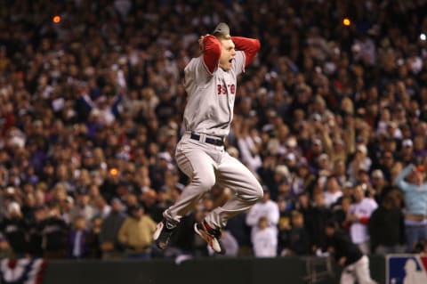 DENVER – OCTOBER 28: Jonathan Papelbon #58 of the Boston Red Sox celebrates after winning Game Four by a score of the 4-3 to win the 2007 Major League Baseball World Series in a four game sweep of the Colorado Rockies at Coors Field on October 28, 2007 in Denver, Colorado. (Photo by Jamie Squire/Getty Images)