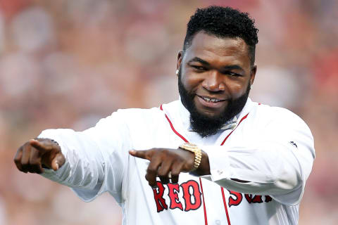 Former Boston Red Sox player David Ortiz #34 reacts during his jersey retirement ceremony before a game against the Los Angeles Angels of Anaheim at Fenway Park on June 23, 2017 in Boston, Massachusetts. (Photo by Adam Glanzman/Getty Images)