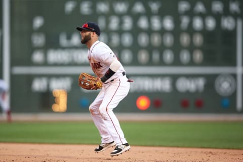 BOSTON, MA – JUNE 25: Dustin Pedroia #15 of the Boston Red Sox reacts during a game against the Los Angeles Angels of Anaheim at Fenway Park on June 25, 2017 in Boston, Massachusetts. (Photo by Adam Glanzman/Getty Images)