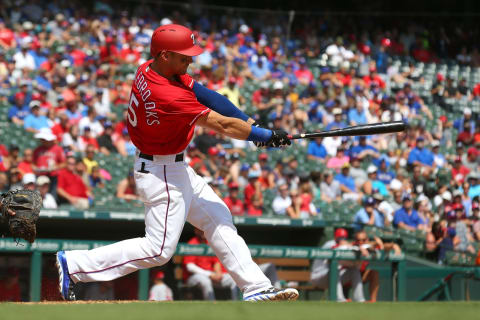 ARLINGTON, TX – SEPTEMBER 03: Will Middlebrooks #15 of the Texas Rangers gets a hit in his team debut against the Los Angeles Angels of Anaheim at Globe Life Park in Arlington on September 3, 2017 in Arlington, Texas. (Photo by Richard W. Rodriguez/Getty Images)