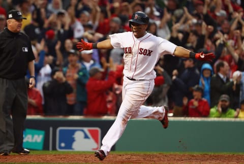 BOSTON, MA – OCTOBER 09: Rafael Devers #11 of the Boston Red Sox celebrates after hitting an inside the park home run in the ninth inning against the Houston Astros during game four of the American League Division Series at Fenway Park on October 9, 2017 in Boston, Massachusetts. (Photo by Maddie Meyer/Getty Images)