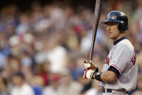 LOS ANGELES – JUNE 21: Nomar Garciaparra #5 of the Boston Red Sox looks on during the game against the Los Angeles Dodgers on June 21, 2002 at Dodger Stadium in Los Angeles, California. The Dodgers won 3-2. (Photo by Jeff Gross/Getty Images)