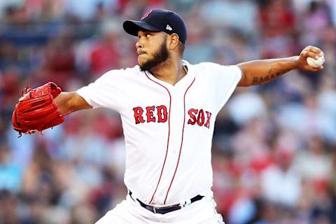 BOSTON, MA – JULY 9: Eduardo Rodriguez #57 of the Boston Red Sox pitches in the second inning of a game against the Texas Rangers at Fenway Park on July 9, 2018, in Boston, Massachusetts. (Photo by Adam Glanzman/Getty Images)