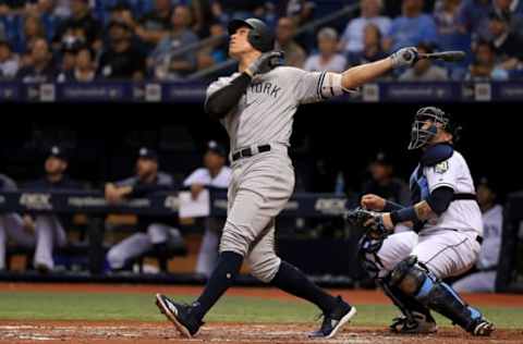 ST PETERSBURG, FL – JULY 24: Aaron Judge #99 of the New York Yankees hits in the second inning during a game against the Tampa Bay Rays at Tropicana Field on July 24, 2018 in St Petersburg, Florida. (Photo by Mike Ehrmann/Getty Images)