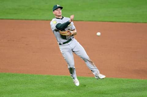 BALTIMORE, MD – SEPTEMBER 11: Matt Chapman #26 of the Oakland Athletics throws out Renato Nunez #39 (not pictured) of the Baltimore Orioles in the seventh inning at Oriole Park at Camden Yards on September 11, 2018 in Baltimore, Maryland. (Photo by Greg Fiume/Getty Images)