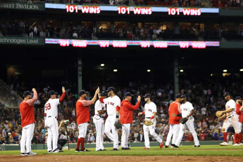 BOSTON, MA – SEPTEMBER 13: The Boston Red Sox celebrate after defeating the Toronto Blue Jays 4-3 at Fenway Park on September 13, 2018 in Boston, Massachusetts.(Photo by Maddie Meyer/Getty Images)