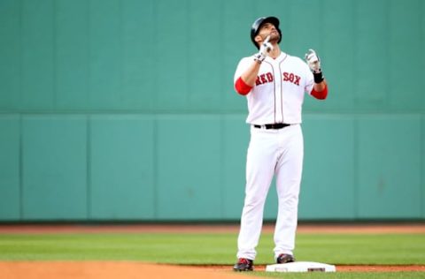 BOSTON, MA – JUNE 26: J.D. Martinez #28 of the Boston Red Sox reacts at second base after hitting a double in the first inning of a game against the Los Angeles Angels at Fenway Park on June 26, 2018 in Boston, Massachusetts. (Photo by Adam Glanzman/Getty Images)