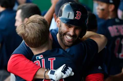 KANSAS CITY, MO – JULY 6: J.D. Martinez #28 of the Boston Red Sox celebrates his home run with Brock Holt #12 in the second inning against the Kansas City Royals at Kauffman Stadium on July 6, 2018 in Kansas City, Missouri. (Photo by Ed Zurga/Getty Images)