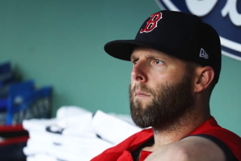 BOSTON, MA – JULY 12: Dustin Pedroia #15 of the Boston Red Sox looks on from the dugout before the game against the Toronto Blue Jays at Fenway Park on July 12, 2018 in Boston, Massachusetts. (Photo by Maddie Meyer/Getty Images)