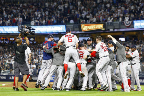 NEW YORK, NEW YORK – OCTOBER 09: The Boston Red Sox celebrate after defeating the New York Yankees in Game Four to win the American League Division Series at Yankee Stadium on October 09, 2018 in the Bronx borough of New York City. (Photo by Mike Stobe/Getty Images)