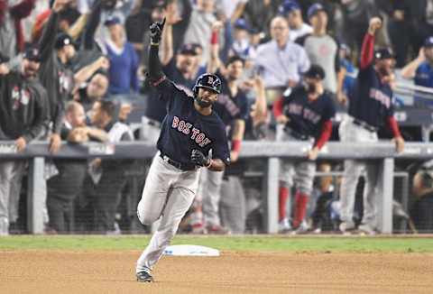 LOS ANGELES, CA – OCTOBER 26: Jackie Bradley Jr. #19 of the Boston Red Sox celebrates his eighth-inning home run against the Los Angeles Dodgers in Game Three of the 2018 World Series at Dodger Stadium on October 26, 2018, in Los Angeles, California. (Photo by Kevork Djansezian/Getty Images)