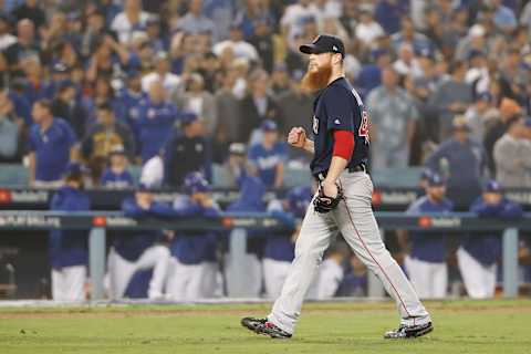 LOS ANGELES, CA – OCTOBER 27: Closing pitcher Craig Kimbrel #46 of the Boston Red Sox pumps his fist after the last out of the ninth inning to defeat the Los Angeles Dodgers 9-6 in Game Four of the 2018 World Series at Dodger Stadium on October 27, 2018 in Los Angeles, California. (Photo by Sean M. Haffey/Getty Images)