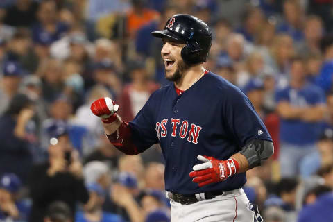 LOS ANGELES, CA – OCTOBER 28: Steve Pearce #25 of the Boston Red Sox celebrates his eighth inning home run against the Los Angeles Dodgers in Game Five of the 2018 World Series at Dodger Stadium on October 28, 2018 in Los Angeles, California. (Photo by Sean M. Haffey/Getty Images)