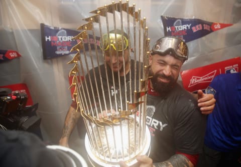 LOS ANGELES, CA – OCTOBER 28: Sandy Leon #3 of the Boston Red Sox celebrates with the world series trophy after his team’s 5-1 win over the Los Angeles Dodgers in Game Five of the 2018 World Series at Dodger Stadium on October 28, 2018 in Los Angeles, California. (Photo by Sean M. Haffey/Getty Images)