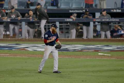 LOS ANGELES, CA – OCTOBER 27: Closing pitcher Craig Kimbrel #46 of the Boston Red Sox pumps his fist after the last out of the ninth inning to defeat the Los Angeles Dodgers 9-6 in Game Four of the 2018 World Series at Dodger Stadium on October 27, 2018 in Los Angeles, California. (Photo by Jeff Gross/Getty Images)