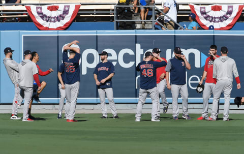 LOS ANGELES, CA – OCTOBER 27: Members of the Boston Red Sox bullpen stand in the outfield prior to Game Four of the 2018 World Series against the Los Angeles Dodgers at Dodger Stadium on October 27, 2018 in Los Angeles, California. (Photo by Kevork Djansezian/Getty Images)