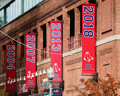 BOSTON, MA – OCTOBER 31: The Boston Red Sox 2018 World Series Championship banner hangs outside Fenway Park on October 31, 2018 in Boston, Massachusetts. (Photo by Omar Rawlings/Getty Images)