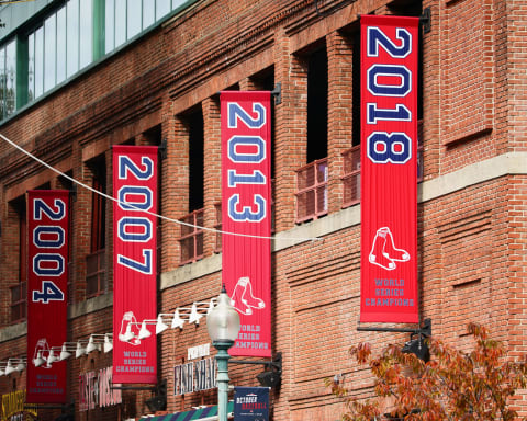 BOSTON, MA – OCTOBER 31: The Boston Red Sox 2018 World Series Championship banner hangs outside Fenway Park on October 31, 2018 in Boston, Massachusetts. (Photo by Omar Rawlings/Getty Images)