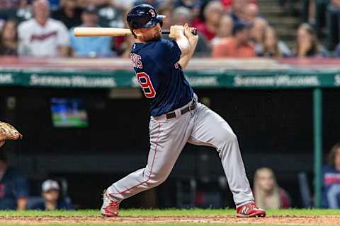 CLEVELAND, OH – SEPTEMBER 21: Sam Travis #59 of the Boston Red Sox hits an RBI double during the seventh inning against the Cleveland Indians at Progressive Field on September 21, 2018 in Cleveland, Ohio. (Photo by Jason Miller/Getty Images)